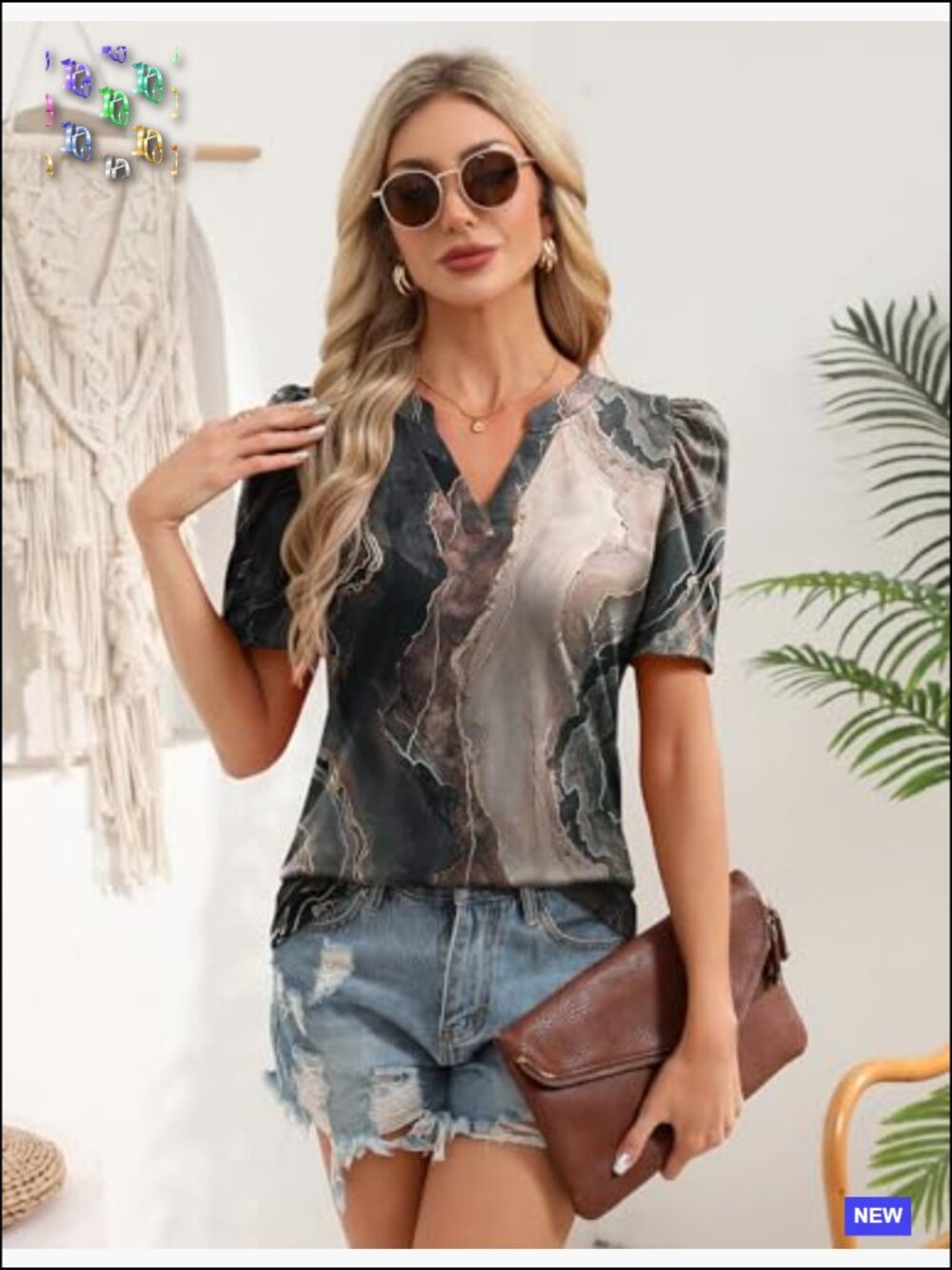 Puff Sleeve V Neck Blouse Short Sleeve Dressy Casual Spring Top Floral Boho - Picture 2 of 7